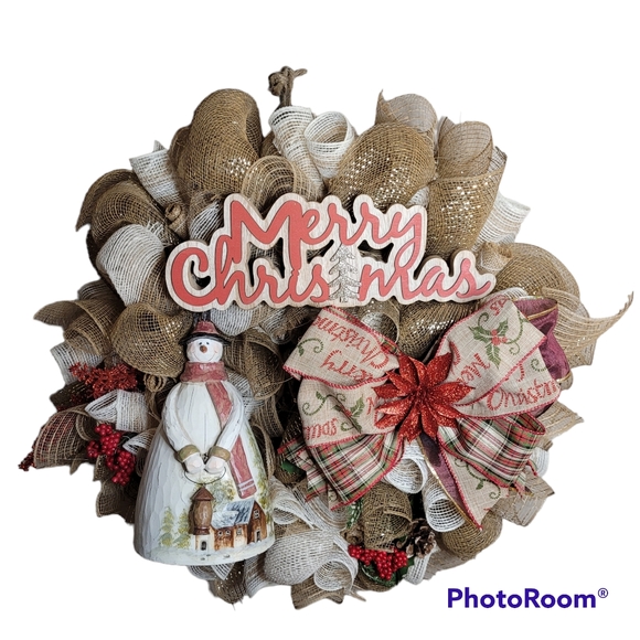 Handmade Merry Christmas Snowman With Lantern Wreath - Picture 1 of 2